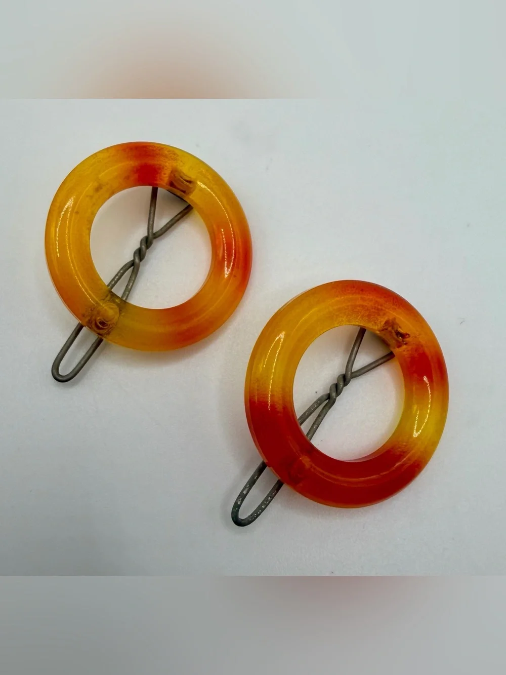 Vtg Art Deco Celluloid Barrettes Amber Orange 1930s Pair 2 Round Faux Tortoise